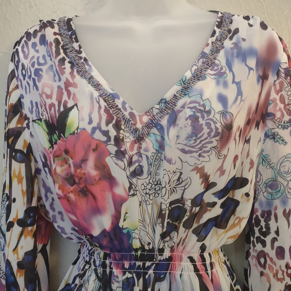 Boston Proper Mixed Print Beaded V-Neck Tunic Top - Size L - Boho Animal Floral - Picture 4 of 14